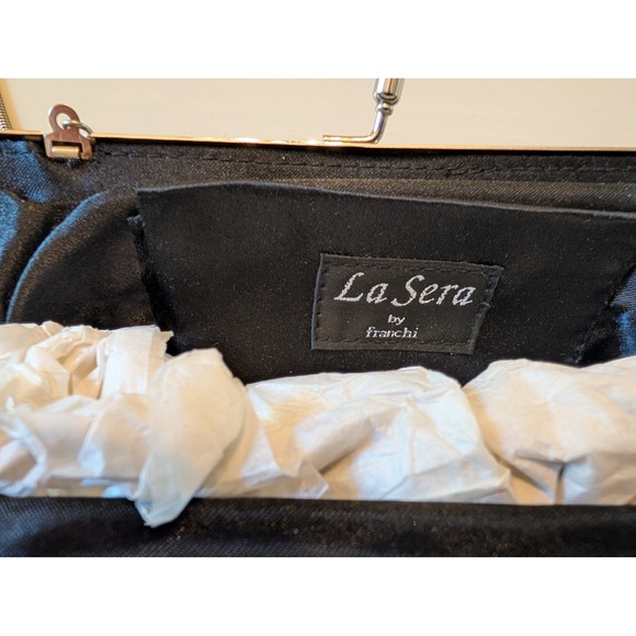 La Sera by Franchi Black Satin Rhinestone Clutch Evening Bag Kiss Lock Party - Picture 5 of 7